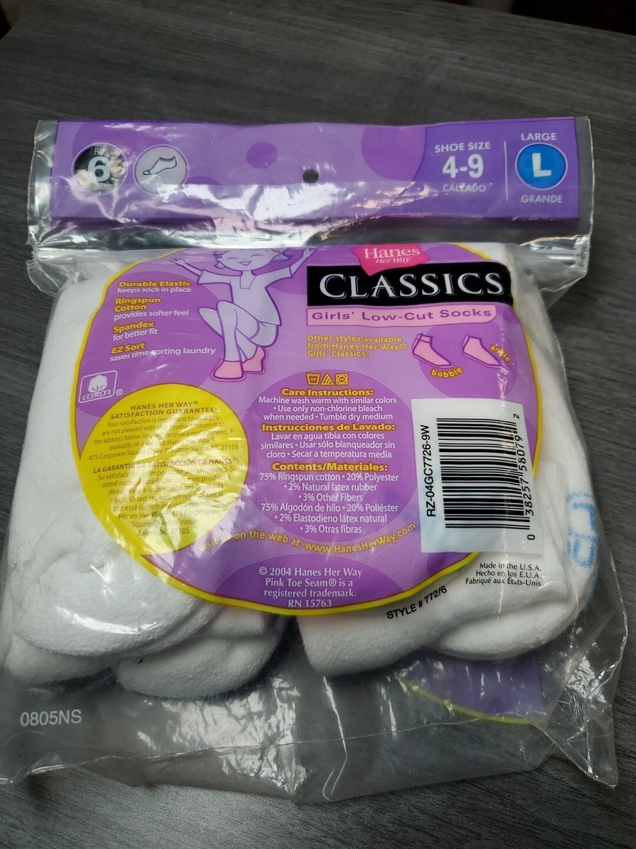 Hanes Girls' 6 Pack Classics Low-cut Ez Sort Socks, White, Large