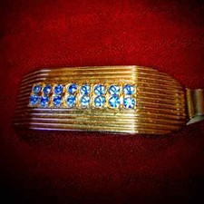 Mens vintage gold tie clip with blue rhinestones
