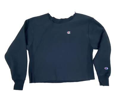 Champion Navy Blue Crewneck Long Sleeve Crop top Hem Womens Sweatshirt 