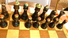 Rare Russian Hand-Painted Wooden Chess Set – 31/32 Pieces – Vintage Folk Art Sty