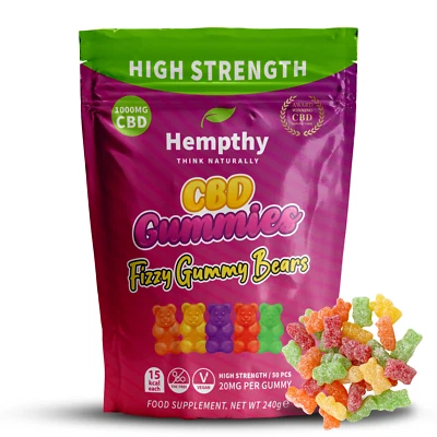 HEMPTHY CBD Gummies Edibles - Vegan Fizzy Gummy Bears 1000mg - 50 Pack - High Strength