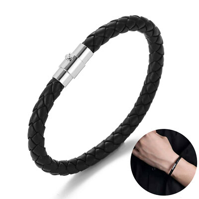 Jewellbox Men's Braided Leather Bracelet - Black, Stainless Steel Magnetic Clasp, 21cm (8.2") - View #10