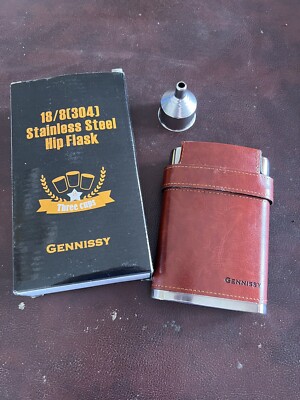 GENNISSY 304 18/8 Stainless Steel & Leather 8oz Flask - 3 Cups - New In Box