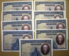 Spain 1928 25 Pesetas P-74b Series D, VF+ to XF, ONE NOTE ONLY, Combined S/H