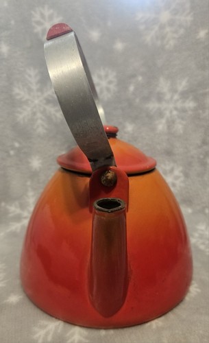 Vintage Descoware Enamel Cast Iron Tea Pot Kettle Orange Red With Lid - Picture 4 of 9