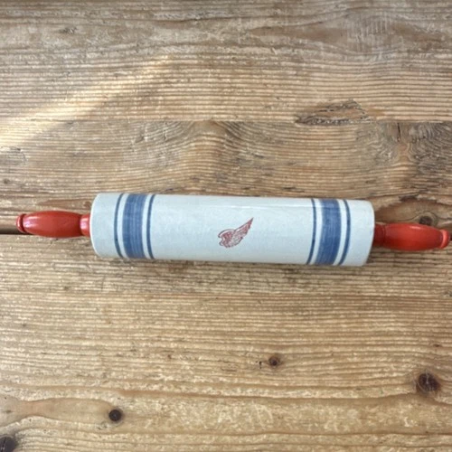 Red Wing Pottery Rolling Pin White Blue Striped Pattern Red Handles With Handle