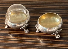 2 Antique Footed Silver Plated Salt Pots Art Krupp Berndorf 1 With Glass Liner