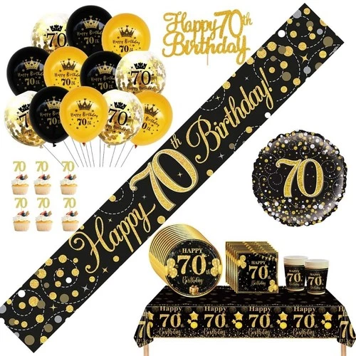 70th Birthday Bunting banner backdrop Black and Gold 70th Birthday decorations