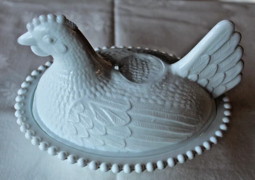 Vintage Large Indiana Glass Hen On Nest Milk Glass Chicken