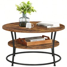 2-Tier Round Coffee Table with Storage Shelves, Industrial Wooden Center Table