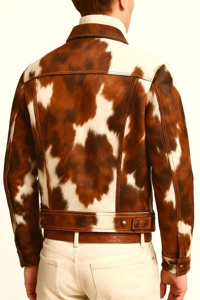 Chaqueta de cuero de vaca occidental para hombre pelo real piel de pony elegante abrigo de camionero Foto 2 de 3