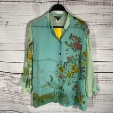 NWT Citron Green Shear 100% Silk Floral Mandarin Collar Button Up Blouse Size M