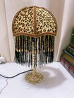 Leopard Print Fringe Table Lamp Beaded Tassels Gold Base Dome Shade Corded — photo 4