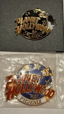 PLANET HOLLYWOOD ORLANDO PHOENIX GLOBE ENAMEL LAPEL PINS GOLD VINTAGE LOT 2 NEW