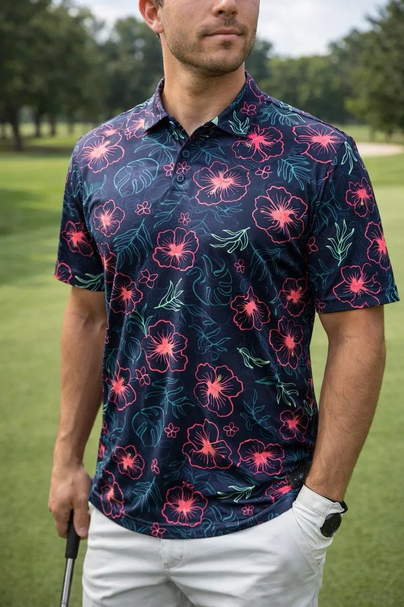 Greenside Golf Tropical Floral Neon Polo Shirt Mens Summer Beach