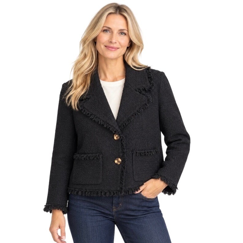 NWT Boden Black Textured Fringed Tweed Jacket Blazer Size US 14 U0116 BLK