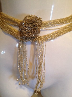 Cream Multi-Strand Beaded Belt with Silver Floral Accents Pretty Floral Beaded Belt White Cream Sand Pewter Event  main image 4