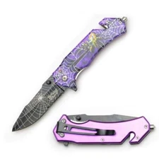 8" DARK FANTASY BLADES SPIDER WEB GRAPHIC SPRING ASSISTED FOLDING KNIFE PURPLE