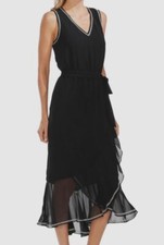 $148 Vince Camuto Women's Black Embroidered Ruffle Belted Chiffon Dress Size 10