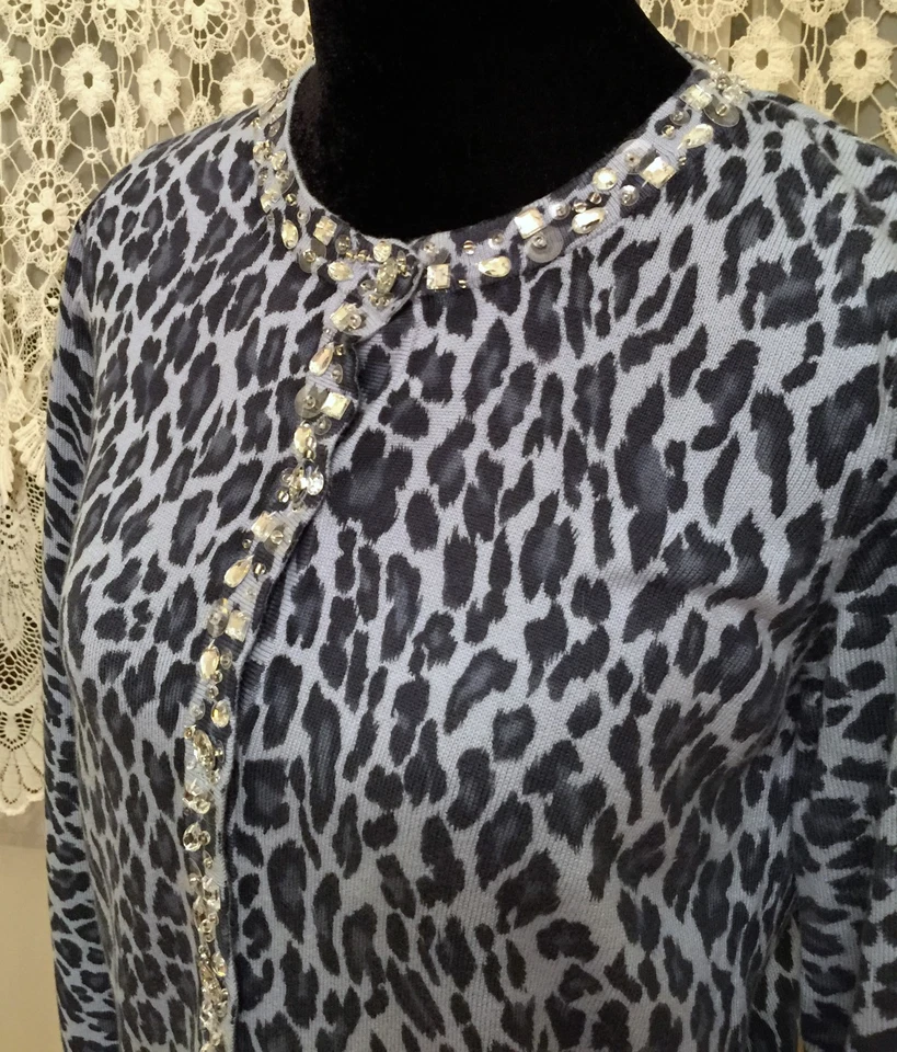 Quacker Factory Womens Cardigan Sweater Size XS Blue Animal Print Long Sleeves  - Image 3 of 4