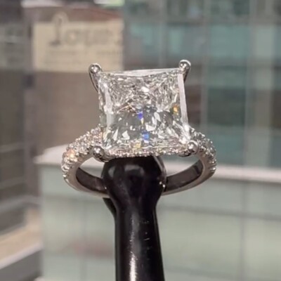 3.87 TCW Princess Cut Moissanite Big Stone Engagement Ring 14K White Gold Plated