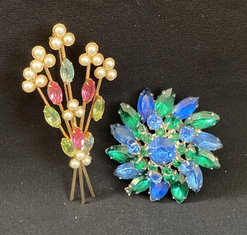 Vintage Lot Of 2 Large Elegant Colorful Rhinestone Brooches Costume Jewelry I5