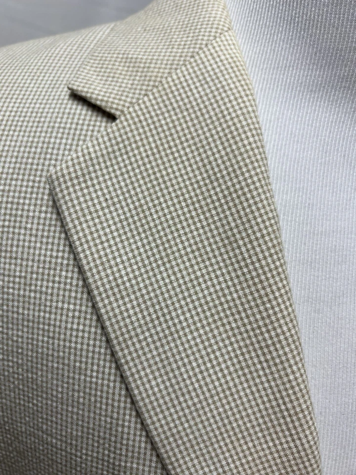 Saddlebred Mens 48R Cotton Beige Cream Gingham 2-Button Seersucker Blazer Jacket - Image 2 of 4