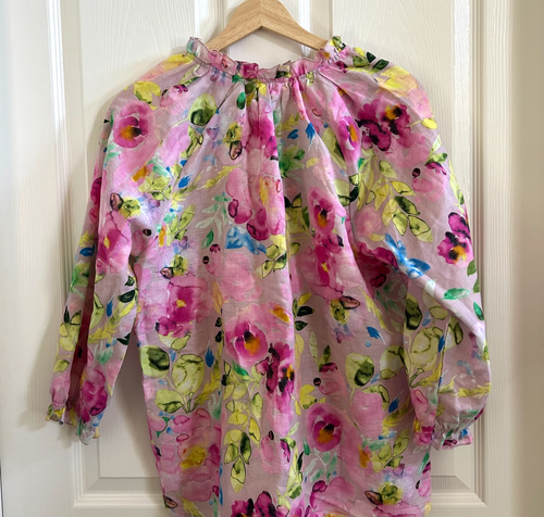 Hester & Orchard Linen Blend Pink Watercolor Floral Top 3/4 Sleeve Button Up SZM - Picture 2 of 8