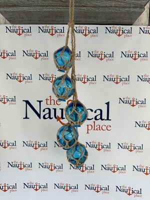 5 x 2'' Aqua Glass Fishing Floats & Corks On Rope, Light Blue Fish Net Balls