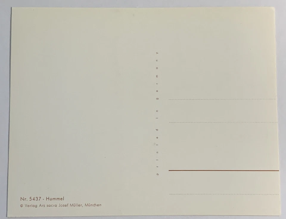 CARTÃO POSTAL LITOGRÁFICO HUMMEL #5437 MENINA COM FLORES EM VASO, MEIAS ALTAS - Imagem 2 de 4