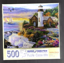 COMPLETE 500 PIECE JIGSAW PUZZLE Bits and Pieces PERFECT DAWN LIGHTHOUSE boats