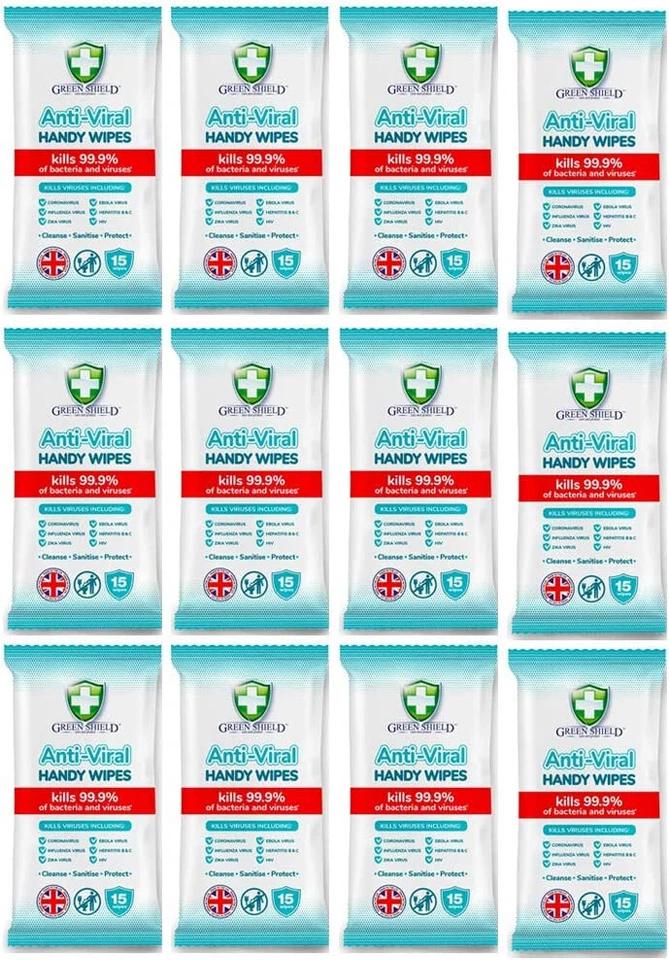 GREENSHIELD 12 x Green Shield Anti-Viral Handy Wipes - 15 Per Pack