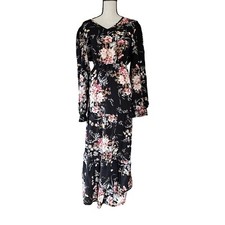 Dresses Women Long Sleeve Flowers Multicolour Black/beige Plus Size 14 V Neck