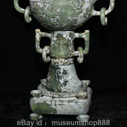10" Old Chinese Jade Carving Fengshui 2 Dragon Ear Statue Incense Burner Censer - Picture 11 of 21