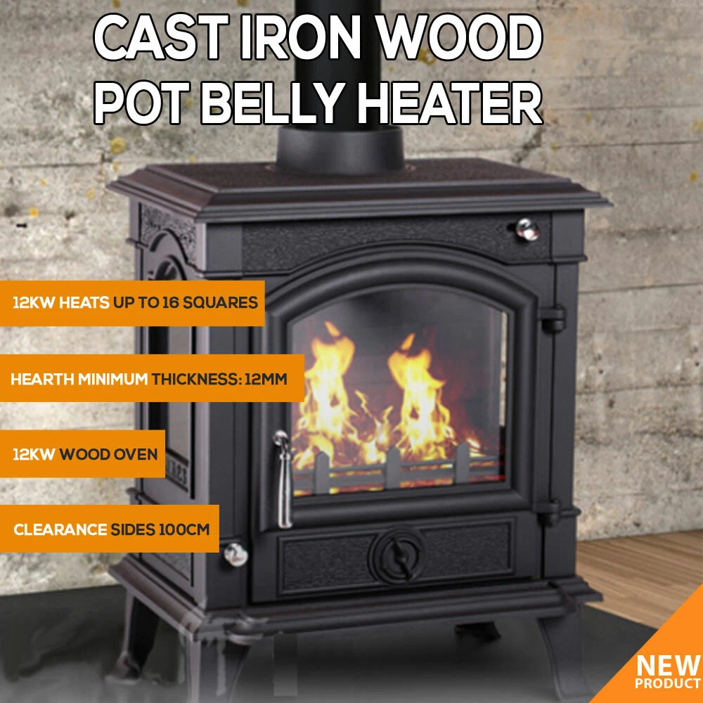 NEW 12KW Cast Iron Wood Pot Belly Heater Slow Combustion Heat Up To 16  Square | eBay