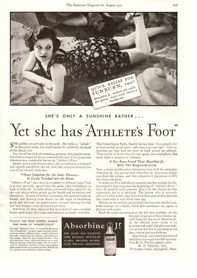 1930 Absorbine Jr. Bathing Beach Beauty Brunette Sunburn Athlete's Foot Print Ad