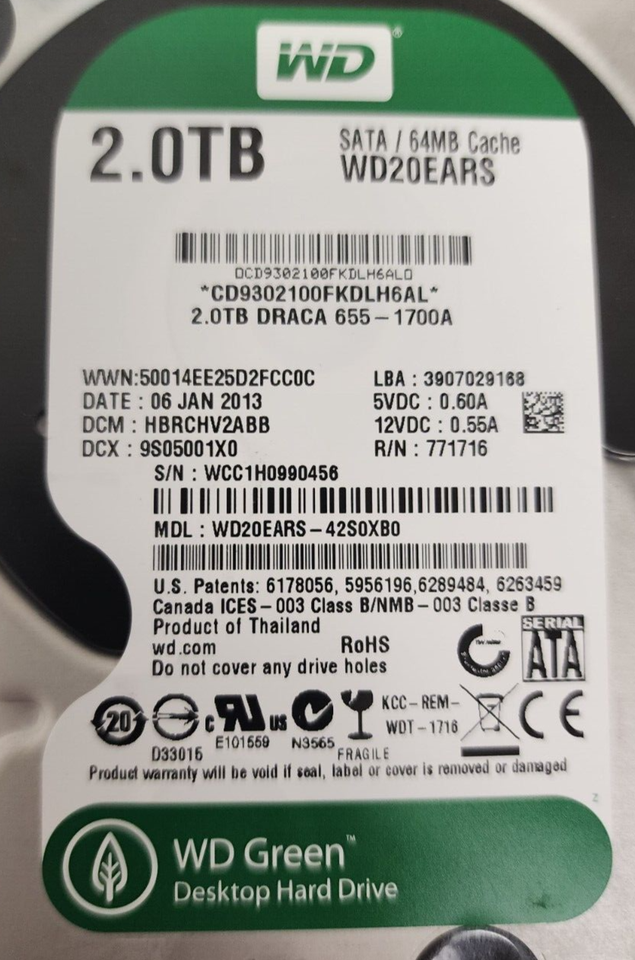 Western Digital WD 2TB 3.5" SATA HDD Hard Drive WD20EARS WD20EARS ...