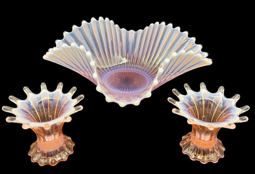 Vintage Fostoria Heirloom Pink Opalescent Centerpiece Bowl 2 Candlesticks
