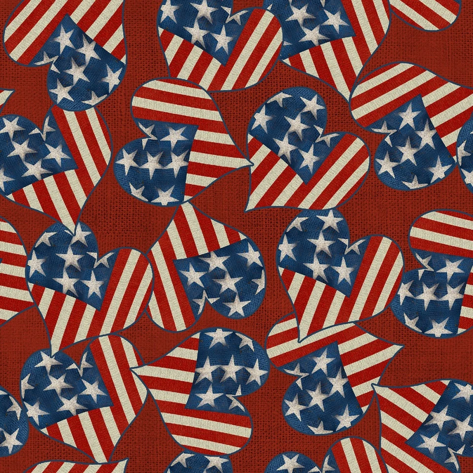 3 WISHES FABRIC Hometown America Home Hearts, Flag Hearts - 3 Wishes Quilt Fabric BTY 43" Wide