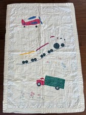 Vintage Handmade Child Baby Quilt 33x48 Train Airplane Truck Applique Embroidery