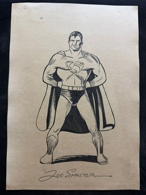 JOE SHUSTER drawing and painting on old paper signed stamped vintage