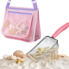 Beach Mesh Shovel with Mesh Beach Bag for Shell Collecting,Metal Shark Tooth Sif
