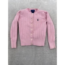 Ralph Lauren Cable Knit Cardigan Kids Size 5 Pink Cotton Sweater Pony Logo Puff