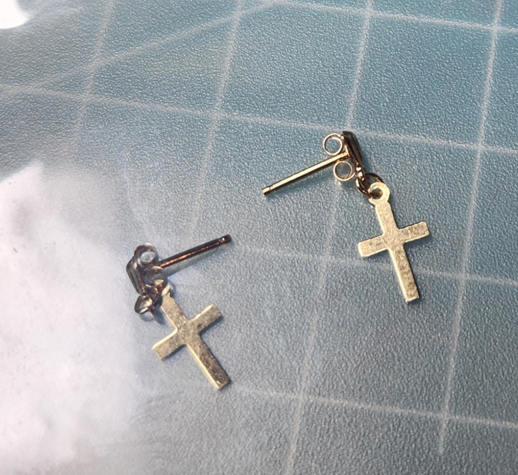 14kt Yellow Solid Gold Cross Dangle Drop Earrings… - image 2