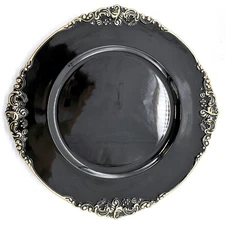 13-Inch 6-Pack Heavy Quality Round Charger Plates-Floral Black Gold Trim-HD80343
