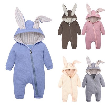Neugeborenes Baby Junge Mädchen Kaninchenohr Kapuze Reißverschluss Overall Body Strampler Kleidung