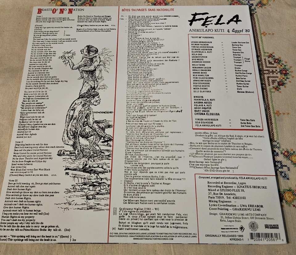 FELA KUTI & EGYPT 80 Beasts Of No Nation KFR20431 Knitting Fac US Vinyl Record - Image 2 of 4