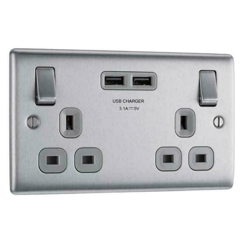 BG Nexus Metal 13A Double Socket 2 USB 3.1A Brushed Steel Grey Insert NBS22U3G