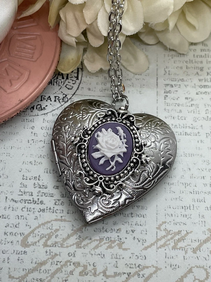 Corazón Plata Medallón Púrpura y Blanco Regalo Cumpleaños Rosa Collar Foto Boda Foto 3 de 4