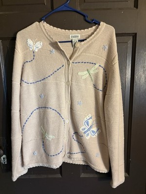 Classic Elements Beige Knit Embroidered Butterfly Dragonfly Cardigan L